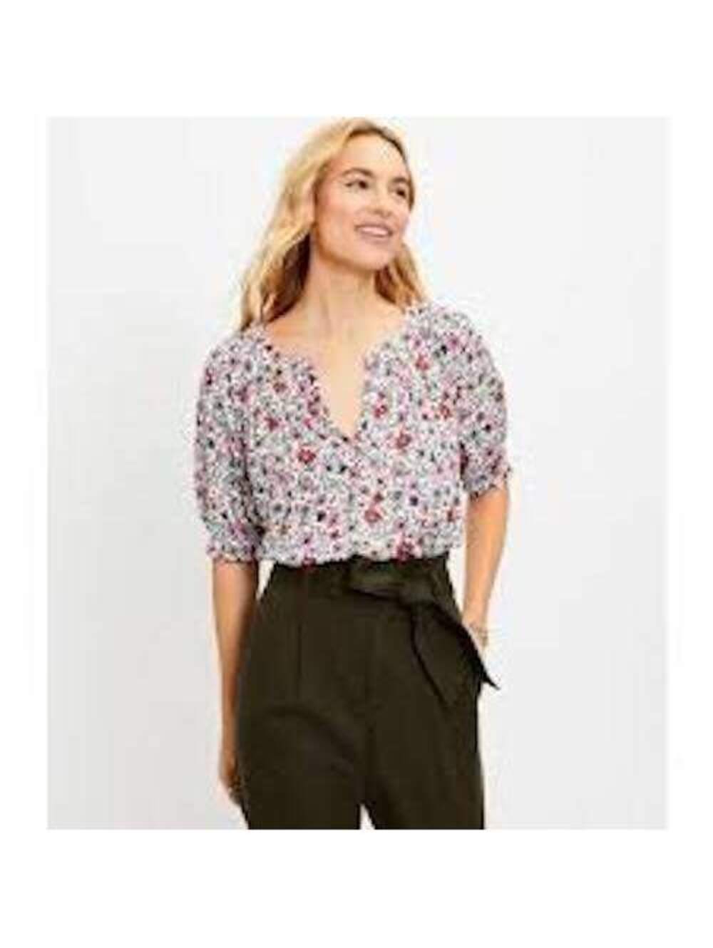 Loft EUC Women's Pink Red White Floral Split Neck Blouse Size L